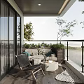 Modern Home Balcony Interior With Gray Sofa Wooden Chair Green Plants And Lake View