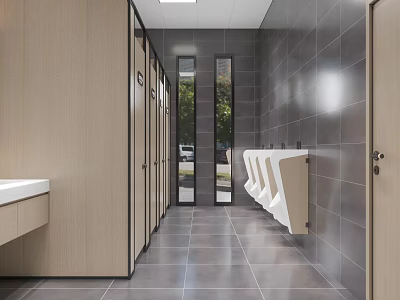 Modern Men's Public Restroom With Gray Tiled Walls White Urinals Wooden Stalls And Bright Lighting 3d model