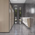 Modern Men's Public Restroom With Gray Tiled Walls White Urinals Wooden Stalls And Bright Lighting