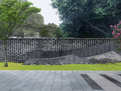 Curved Garden Feature Wall With Perforated Bricks Green Trees And Pink Blossoms 3d model