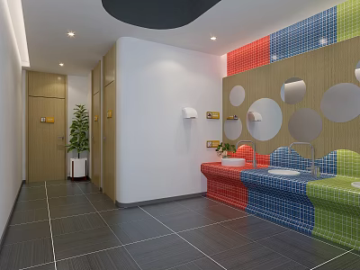 Modern Public Restroom Interior With Colorful Tiles Multiple Sinks Mirrors And Wooden Door Plant 3d model