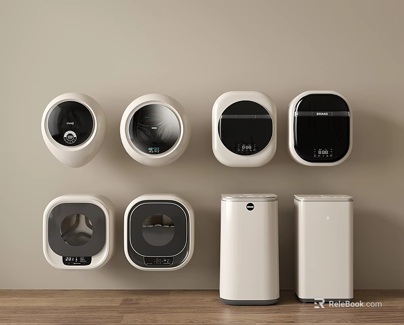 Modern Washing Machines With Wall Mounted And Floor Standing Designs In White 3d model 