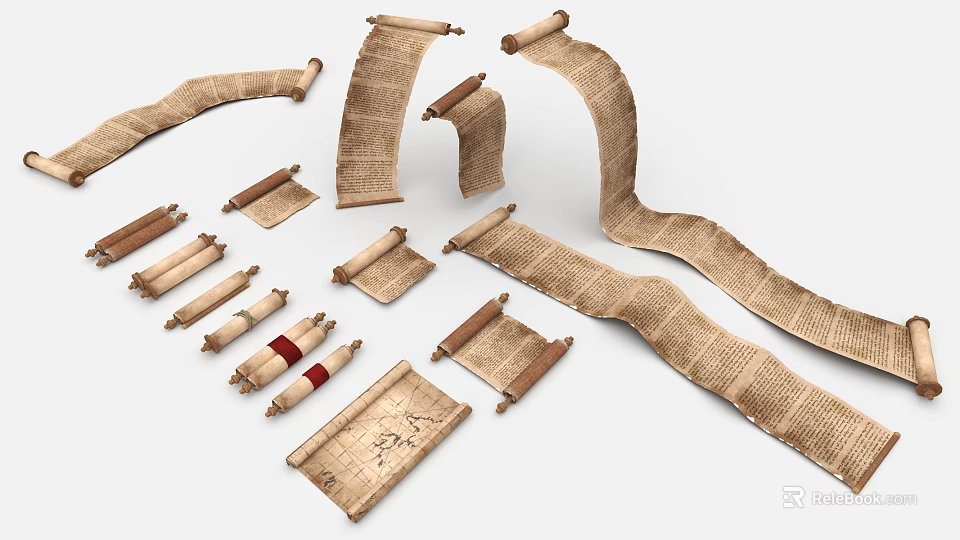 Ancient Scrolls With Handwritten Text On Old Paper Various Rolled Unrolled Forms 3d model 