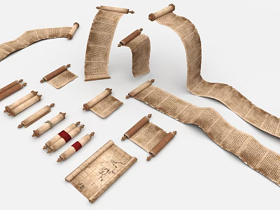 Ancient Scrolls With Handwritten Text On Old Paper Various Rolled Unrolled Forms 3d model