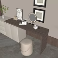 Modern Dressing Table With Walnut Top Beige Cabinets Round Mirror And Storage Stool 3d model