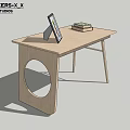 Minimalist Wooden Desk With Photo Frame Stack Of Books And Circular Cutout