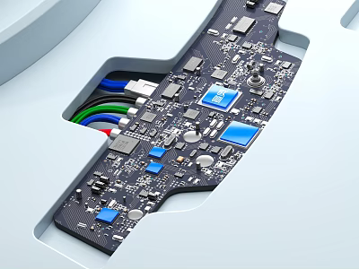 Electronic Circuit Board In White Casing With Blue Chips And Colored Wires 3d model