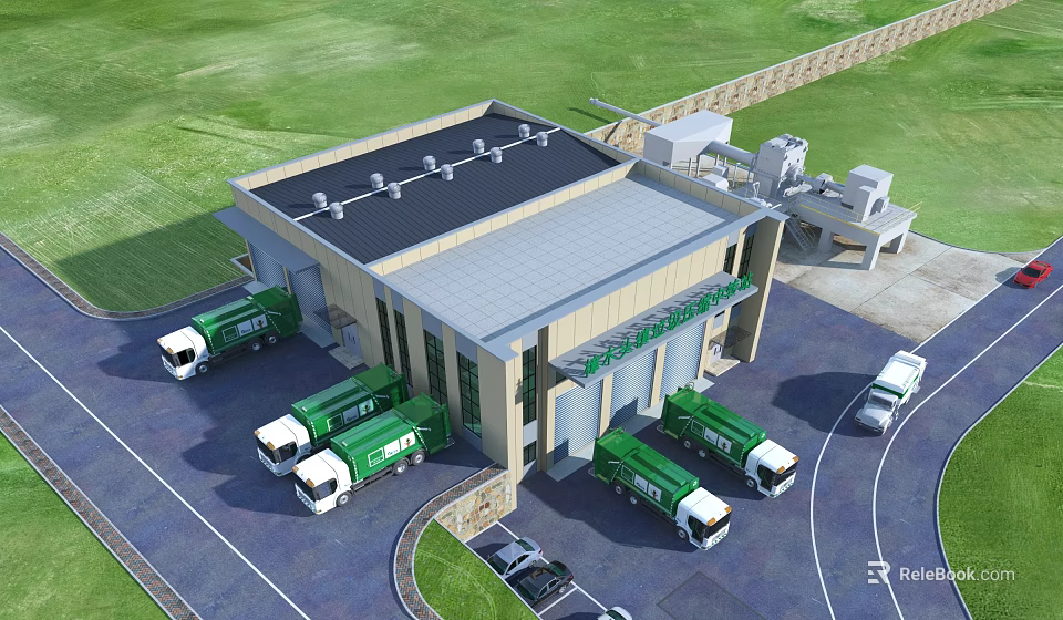 Modern Industrial Plant With Green Trucks Parking Lot And Logistics Vehicles Exterior 3d model 