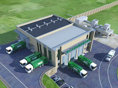 Modern Industrial Plant With Green Trucks Parking Lot And Logistics Vehicles Exterior 3d model