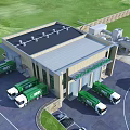 Modern Industrial Plant With Green Trucks Parking Lot And Logistics Vehicles Exterior