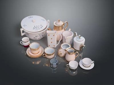 Elegant Ceramic Tea Set With Teapot Cups Plates And Lidded Containers 3d model