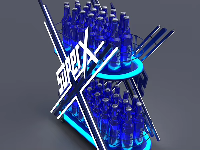 Multi Tiered Display Rack With SPIRIT X Sign Blue Bottles And Illuminated LED Strips 3d model