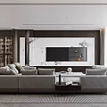 Modern Dining Living Room Interior Design With Open Layout Marble Wall And Gray Sofa 3d model