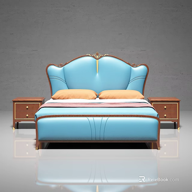 Blue Leather Double Bed with Curved Headboard Gold Trim and Wooden Nightstands and Orange Pillows 3d model 