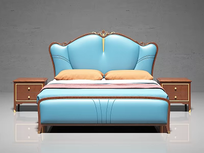 Blue Leather Double Bed with Curved Headboard Gold Trim and Wooden Nightstands and Orange Pillows 3d model