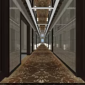 Elegant Hotel Corridor With Marble Wall Panels And Ornate Patterned Carpet 3d model