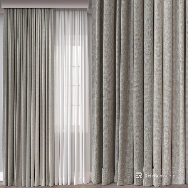 Gray Textured Linen Blend Curtains With Sheer Layer For Modern Home Window Decor 3d model 