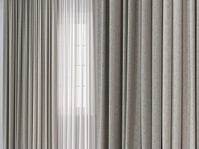 Gray Textured Linen Blend Curtains With Sheer Layer For Modern Home Window Decor 3d model