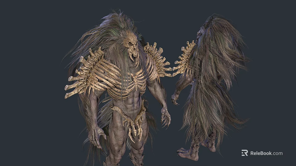Two Humanoid Creatures With Long Shaggy Hair Skeletal Armor And Muscular Bodies 3d model 