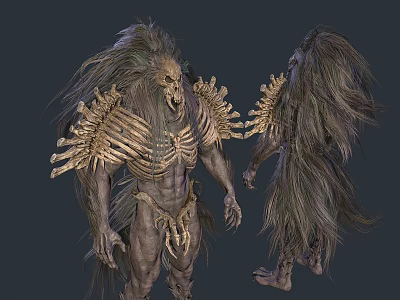 Two Humanoid Creatures With Long Shaggy Hair Skeletal Armor And Muscular Bodies 3d model