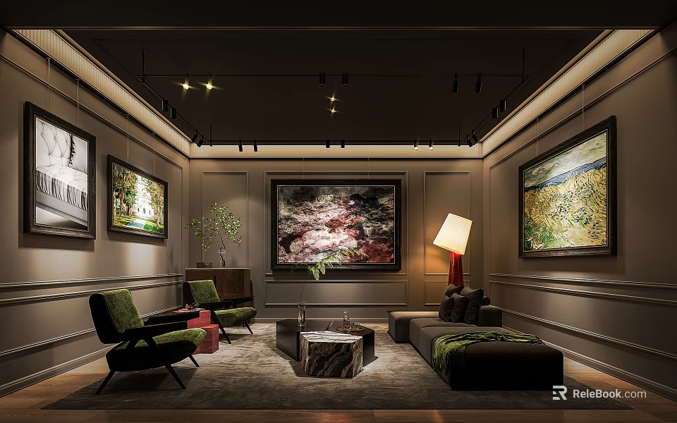 Artistic Interior Design With Large Paintings Green Chairs Sofa Floor Lamp And Green Plant 3d model 