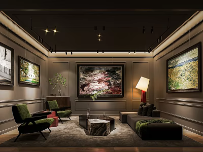 Artistic Interior Design With Large Paintings Green Chairs Sofa Floor Lamp And Green Plant 3d model