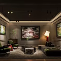 Artistic Interior Design With Large Paintings Green Chairs Sofa Floor Lamp And Green Plant