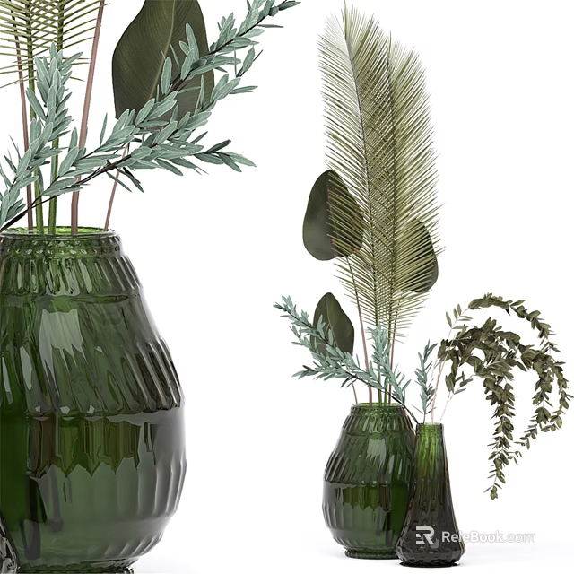 Green Glass Vase Ornamental Decor Set With Natural Plant Branches And Leaves 3d model 