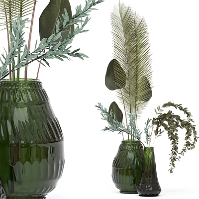 Green Glass Vase Ornamental Decor Set With Natural Plant Branches And Leaves 3d model