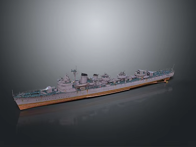 Realistic Warship Water Transport 3D Model With Deck Turrets And Smokestacks 3d model
