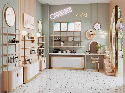Queen Cosmetics Store with Light Green Walls Neon Sign Pink Gold Decor and Round Mirrors 3d model