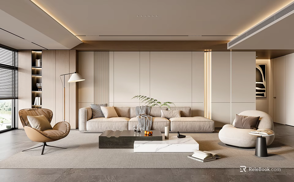 Modern Living Room Interior With Beige Sofa Brown Armchair And Marble Coffee Table 3d model 