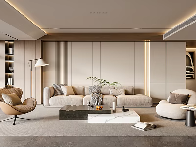 Modern Living Room Interior With Beige Sofa Brown Armchair And Marble Coffee Table 3d model