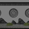 Chinese Style Scenic Wall With Circular Relief Carvings Rockery Green Plants And Gravel Ground