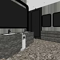 Modern Hotel Bathroom Design With Double Sinks Gray Countertop Patterned Floor Tiles And Mirrors