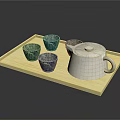 Elegant Tea Set With Bamboo Tray White Teapot And Green Patterned Teacups 3d model
