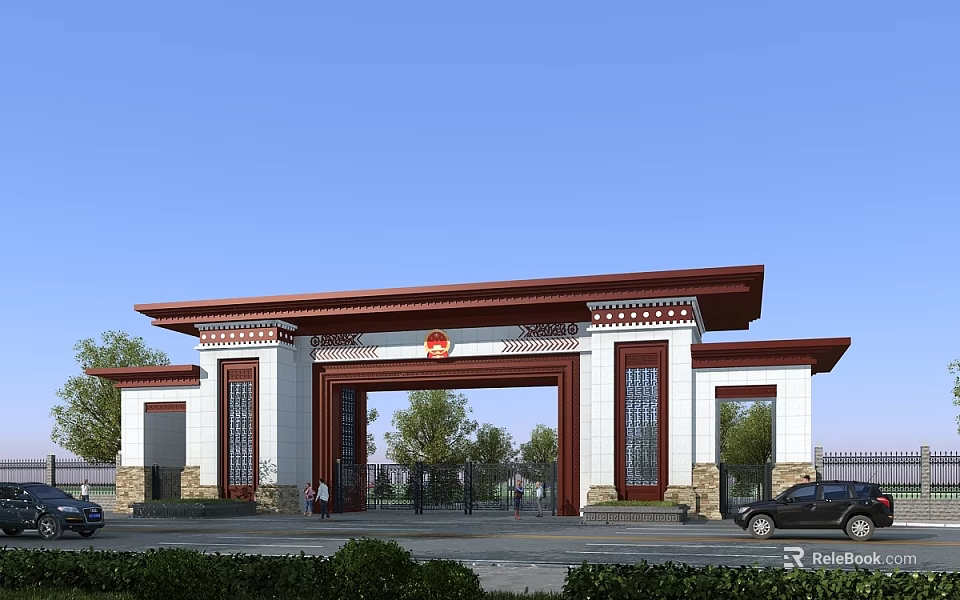 Traditional Entrance Gate Design With Red Roof White Pillars Red Decorative Emblem And Green Plants 3d model 