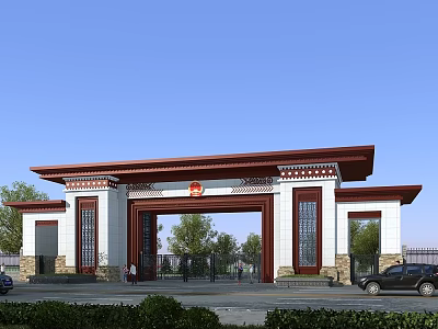 Traditional Entrance Gate Design With Red Roof White Pillars Red Decorative Emblem And Green Plants 3d model