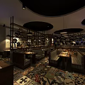 Cozy Restaurant Interior With Wooden Furniture Bohemian Carpet And Hanging Lamps