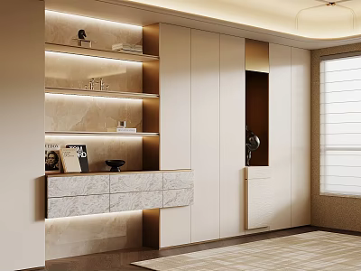 Elegant Modern Built in Bookcase Design With Marble Shelves And Lighting 3d model