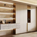 Elegant Modern Built in Bookcase Design With Marble Shelves And Lighting