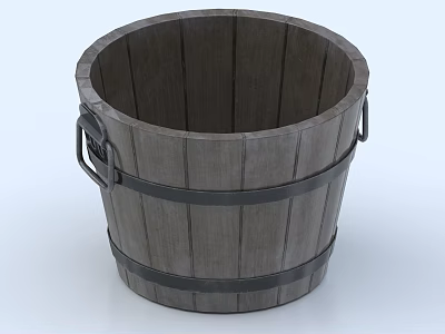 Ceramic Barrel Shaped Vessel With Wooden Texture Design And Metal Hoop Handles For Home Decor 3d model