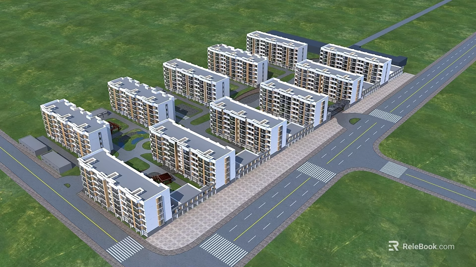 Modern Residential Buildings Neatly Arranged With Green Areas And Surrounding Roads 3d model 