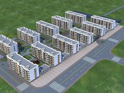 Modern Residential Buildings Neatly Arranged With Green Areas And Surrounding Roads 3d model