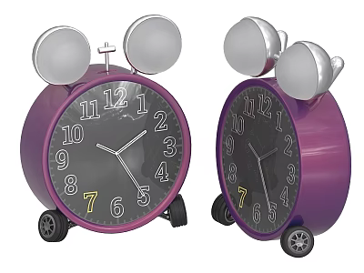 Purple Alarm Clocks With Mickey Ear Design Black Dials Yellow Number Seven And Small Wheels 3d model