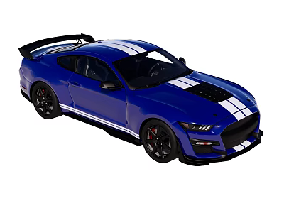 Blue Sports Car With White Stripes Black Rear Spoiler Black Wheels And Sporty Design 3d model