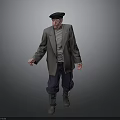 Elderly Man In Gray Coat Striped Shirt Pants Gray Boots And Black Beret Standing