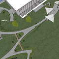Scenic Boardwalk Landscape With Green Lawn Trees Modern Building And Walking Trails
