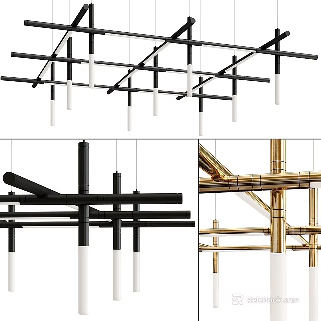 Modern Geometric Chandelier Design With Black Gold Metal Bars And White Pendants 3d model 