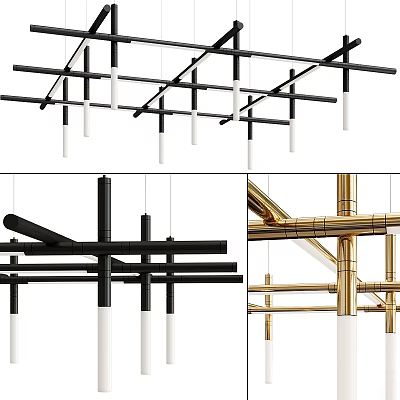 Modern Geometric Chandelier Design With Black Gold Metal Bars And White Pendants 3d model